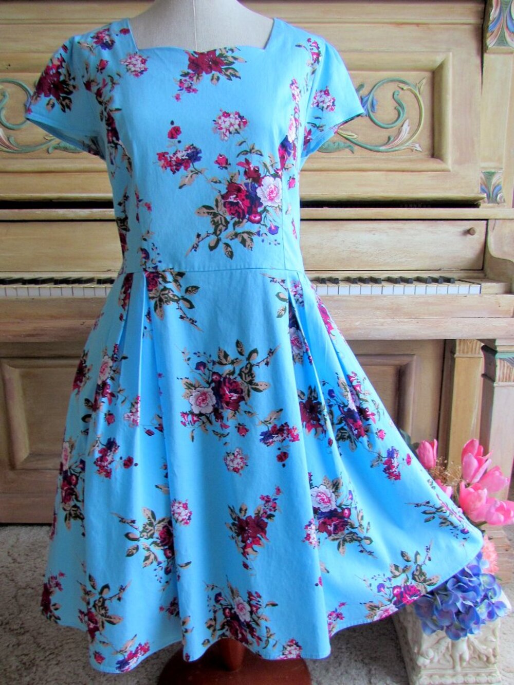 FIT 'N FLARE DRESS, L-XL, RETRO 50s TURQUOISE COTTON FLORAL CAP SLEEVED MIDI